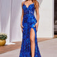 Sequin Printed V-Neckline Leg Slit Gown by Cinderella Divine CM350 - Special Occasion