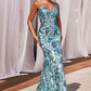 Sequin Printed V-Neckline Leg Slit Gown by Cinderella Divine CM350 - Special Occasion