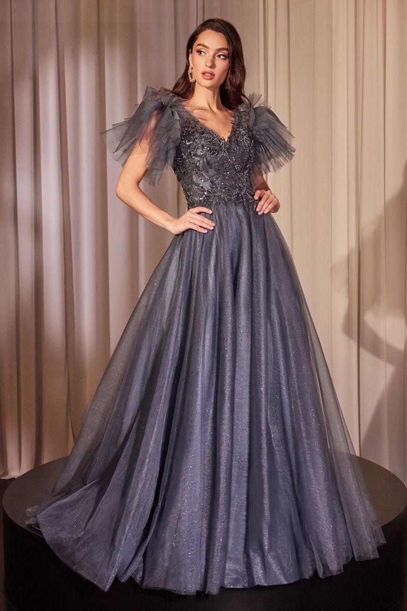 Embellished Layered Tulle V-Neckline Gown by Cinderella Divine CM359 - Special Occasion/Curves