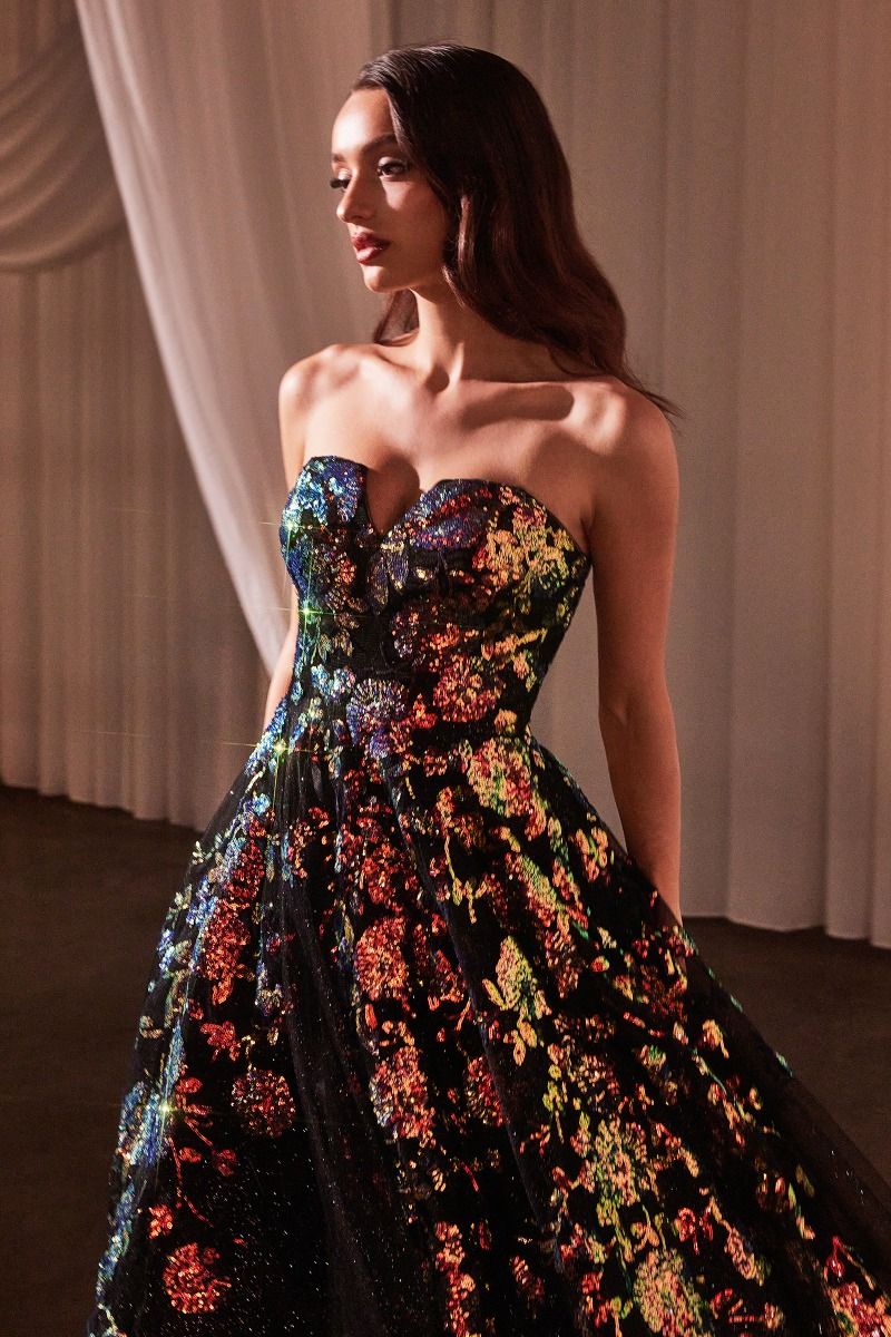 Floral Strapless V-Neckline Gown by Cinderella Divine CR380 - Special Occasion