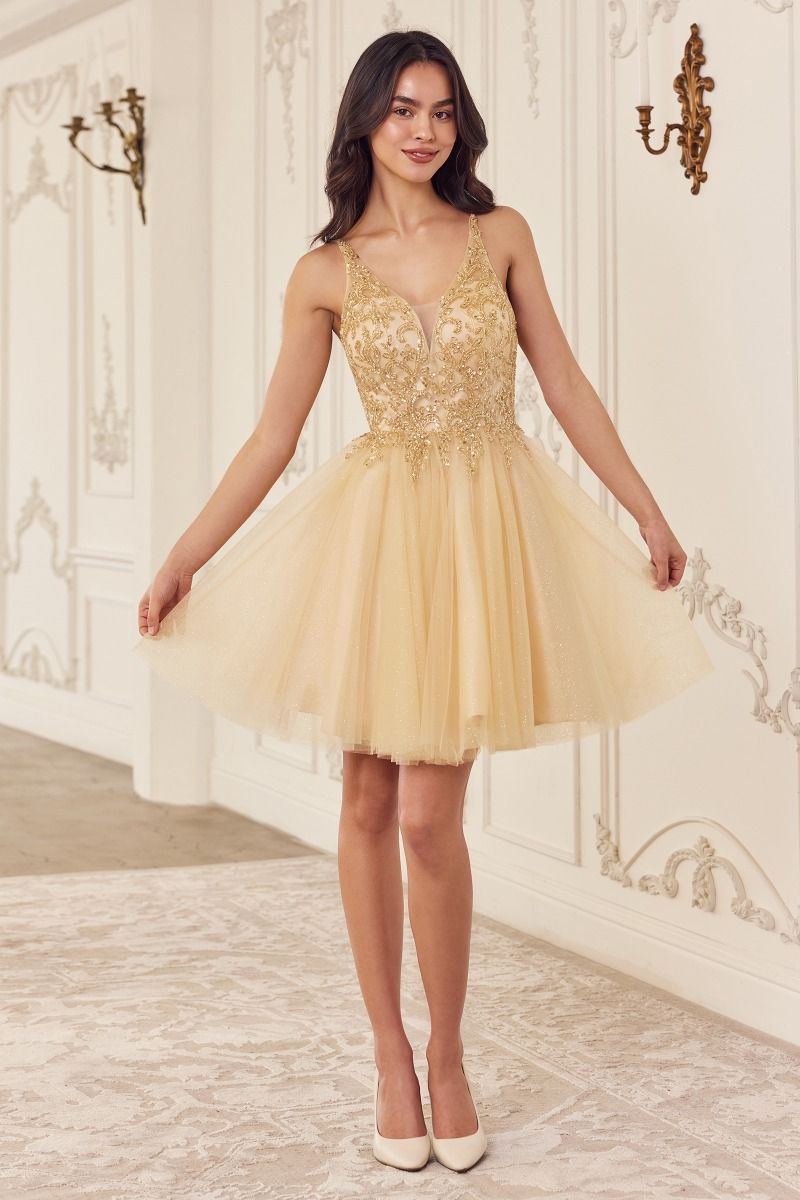 Beaded V-Neckline Layered Tulle Short Dress by Cinderella Divine CY022 - Special Occasion/Curves