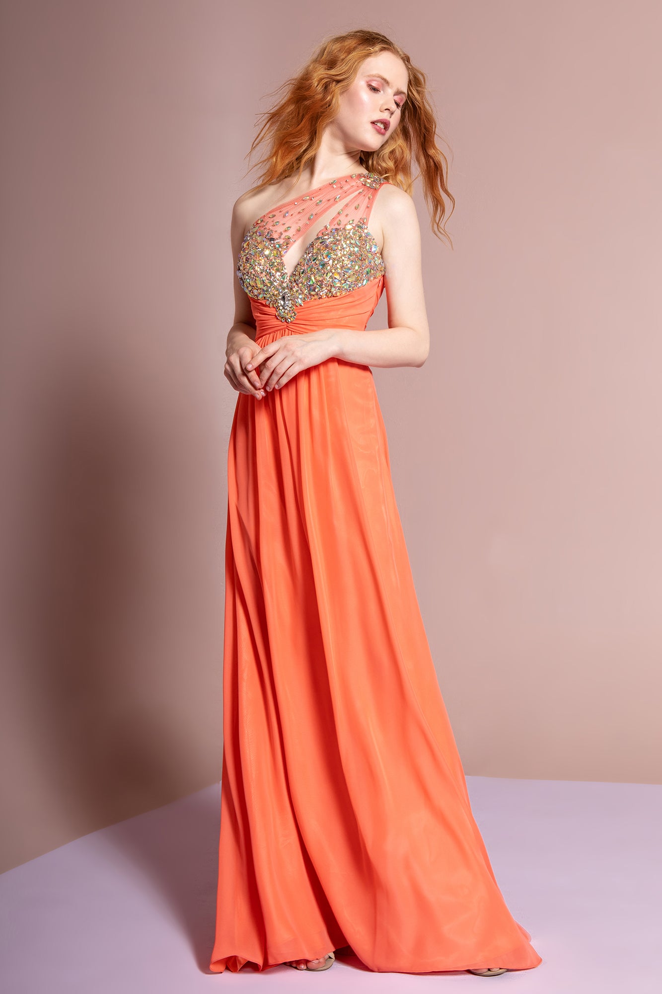 Embellished One Shoulder Asymmetric Neckline Dress by Elizabeth K - GL1138