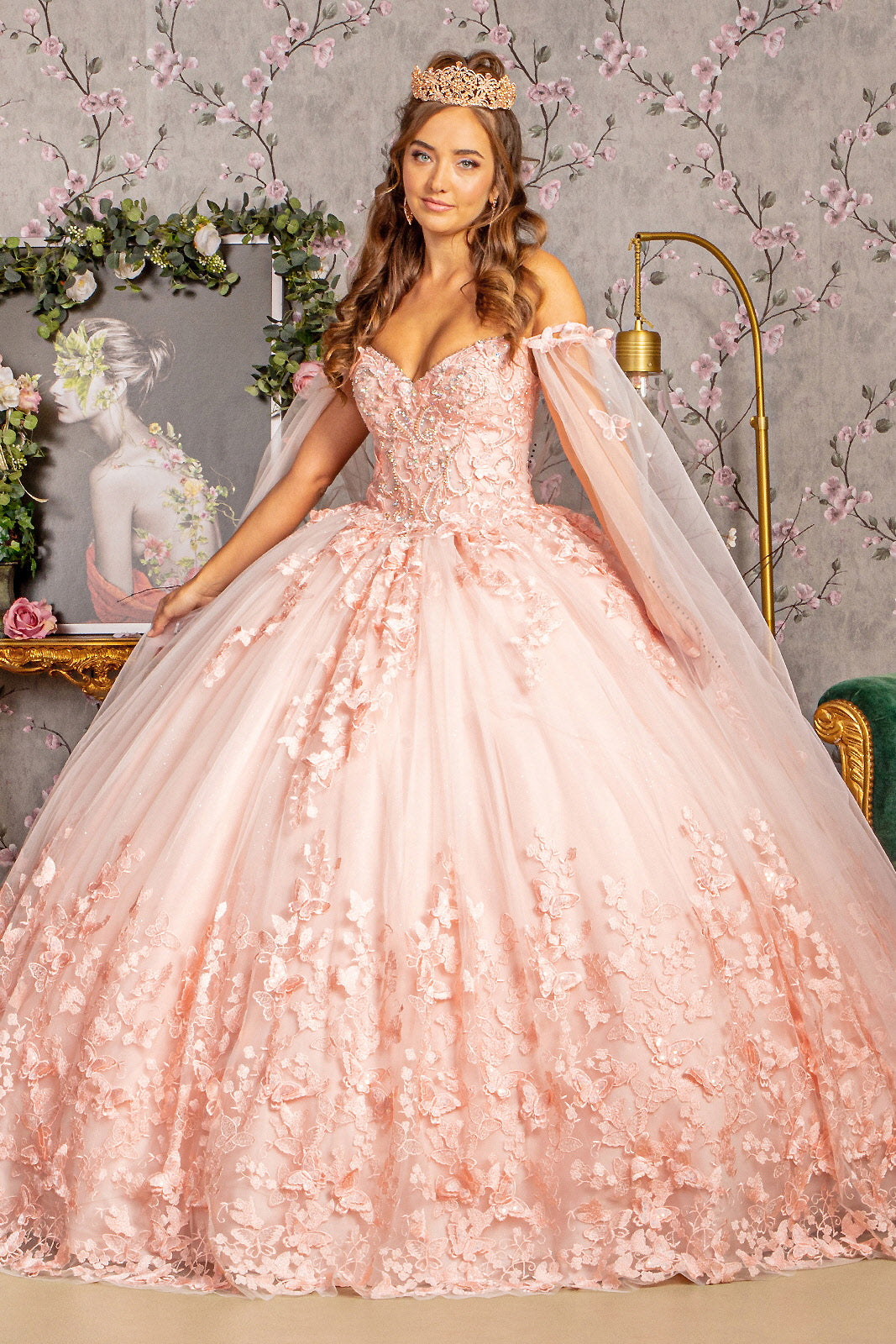 Butterfly Applique Glitter Quinceanera Gown w/ Long Mesh Layer by Elizabeth K - GL3110