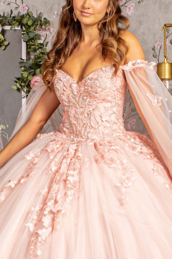 Butterfly Applique Glitter Quinceanera Gown w/ Long Mesh Layer by Elizabeth K - GL3110