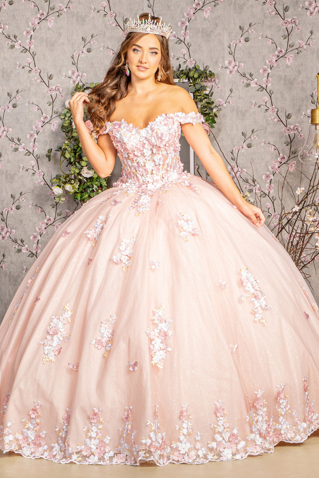 3-D Flower Off-Shoulder Sweetheart Neckline Quinceanera Dress by Elizabeth K - GL3182