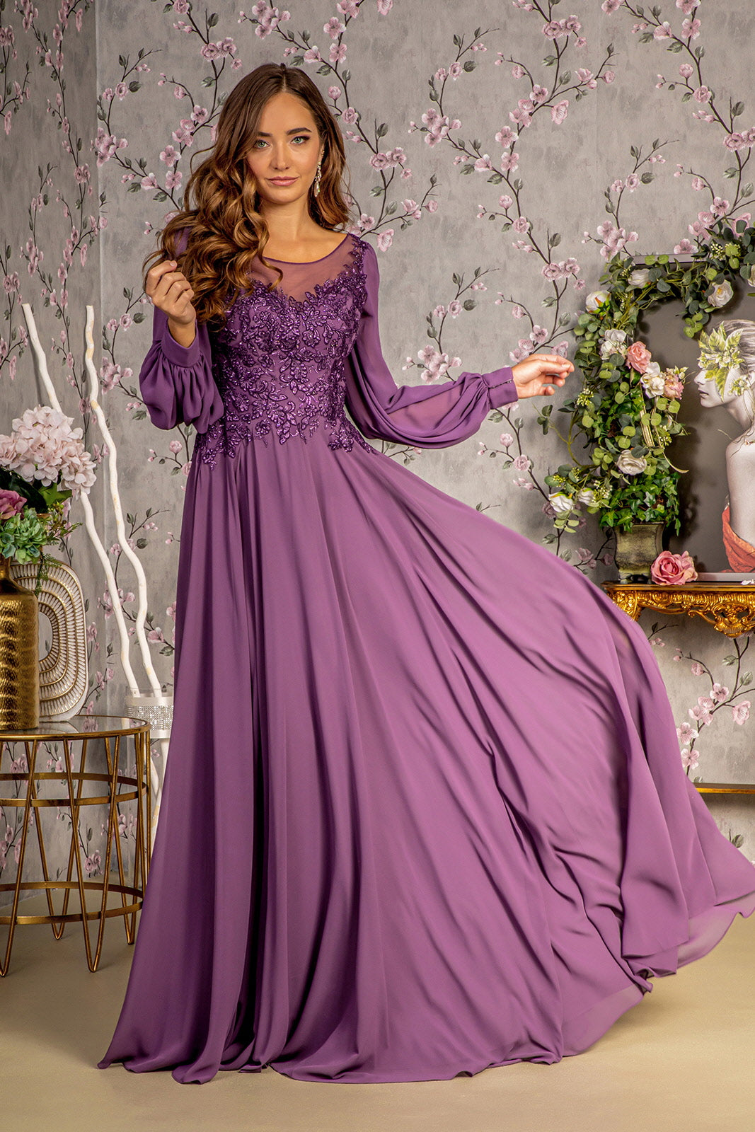 Floral Embroidery Long Sleeve A-Line Women Formal Dress by GLS by Gloria - GL3363 - Special Occasion/Curves