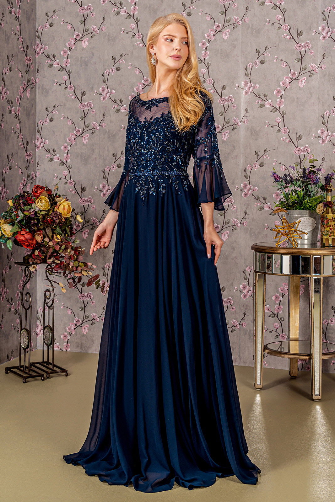 Sequin Chiffon 3/4 Sleeve A-Line Women Formal Dress by GLS by Gloria - GL3434 - Special Occasion/Curves