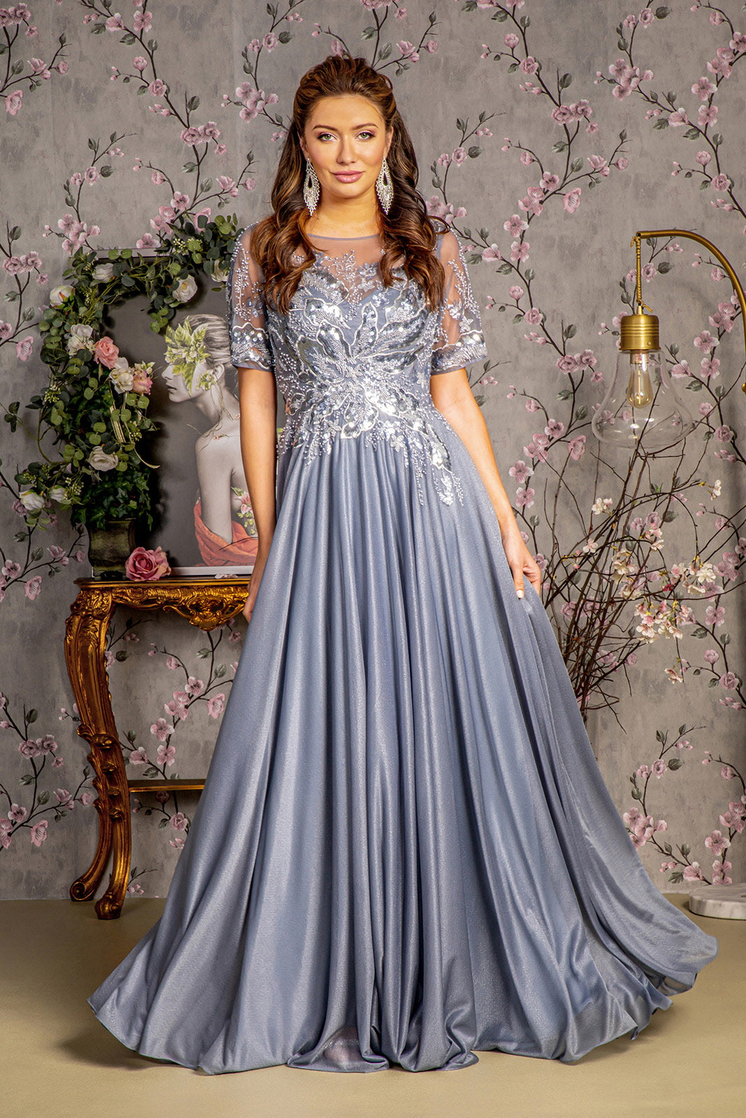 Metallic Embroidery Boat Neck Women Formal Dress by GLS by Gloria - GL3444 - Special Occasion/Curves