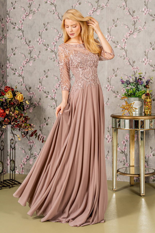 Sequin Chiffon Boat Neckline A-Line Women Formal Dress by GLS by Gloria - GL3446 - Special Occasion/Curves