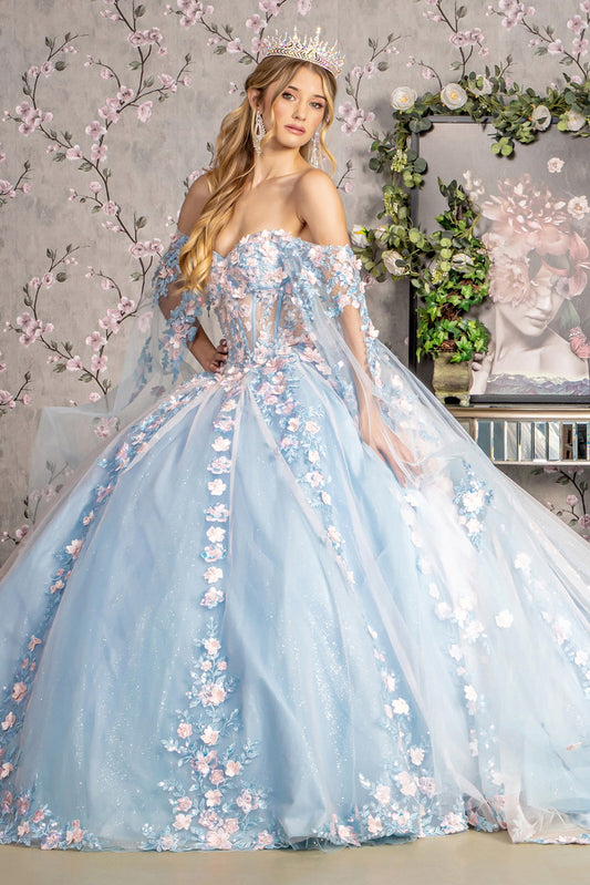 3D Flower Off Shoulder Glitter Quinceanera Dress by GLS by Gloria - GL3468