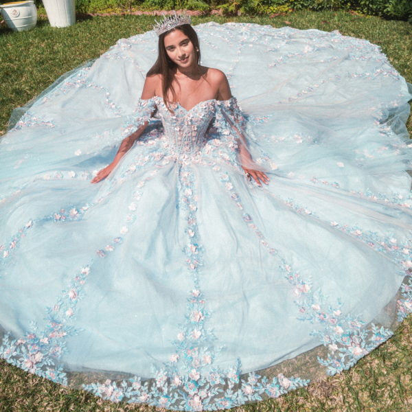 3D Flower Off Shoulder Glitter Quinceanera Dress by GLS by Gloria - GL3468