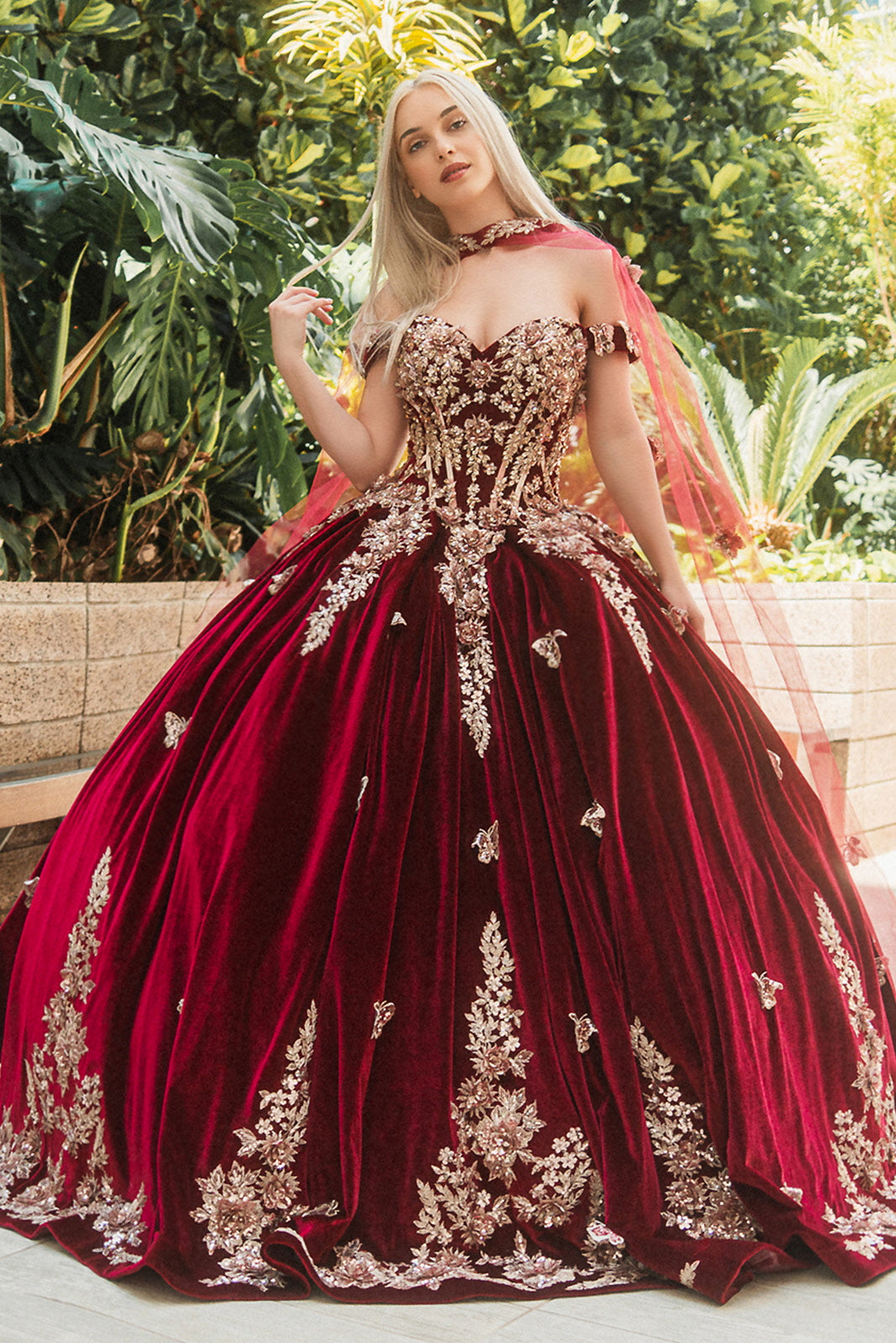 Embroidery Velvet Sweetheart Neckline Quinceanera Dress by GLS by Gloria - GL3471