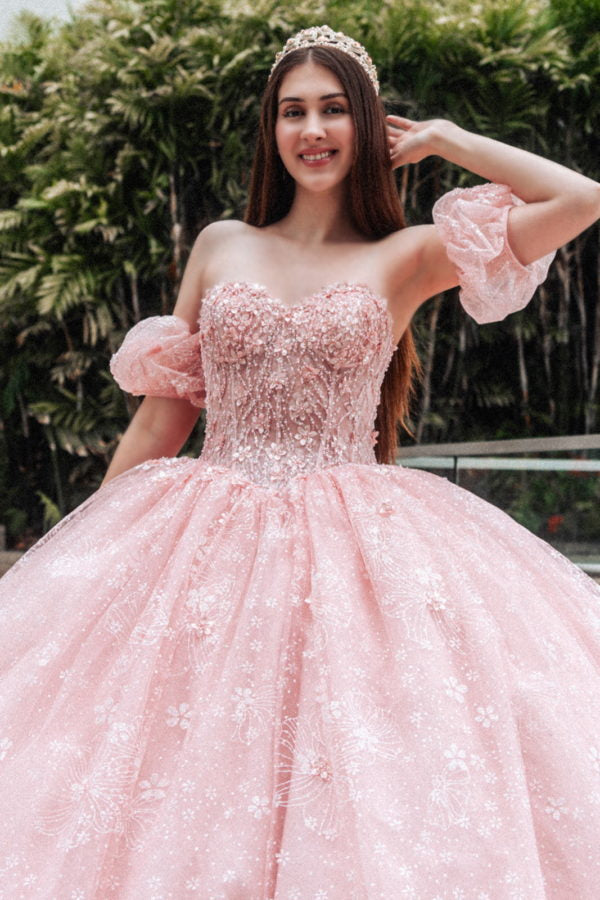 Strapless Glitter Print Sweetheart Quinceanera Dress by GLS by Gloria - GL3505