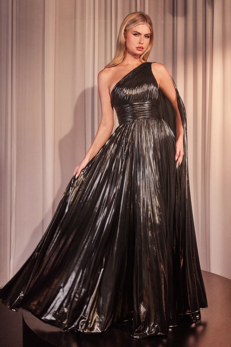 One Shoulder Metallic Pleated A-Line Gown by Cinderella Divine J874 - Special Occasion