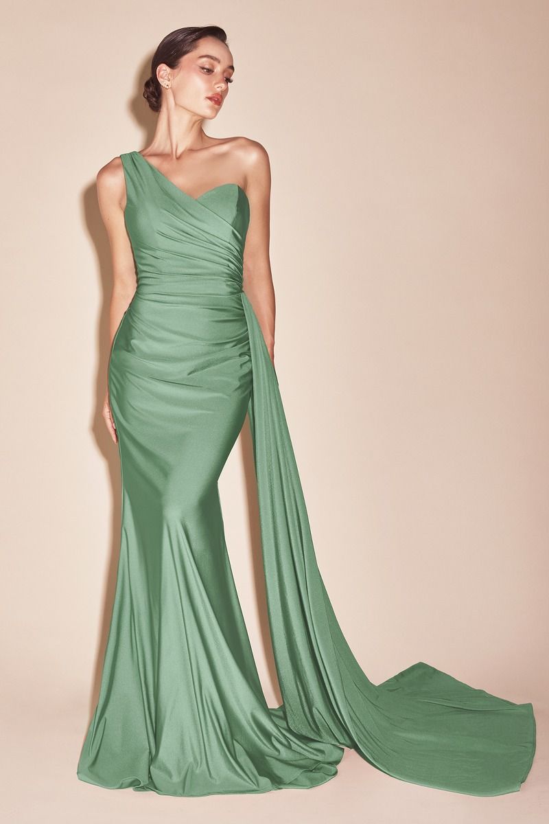 Satin One Shoulder Mermaid Gown by Cinderella Divine PT004 - Special Occasion