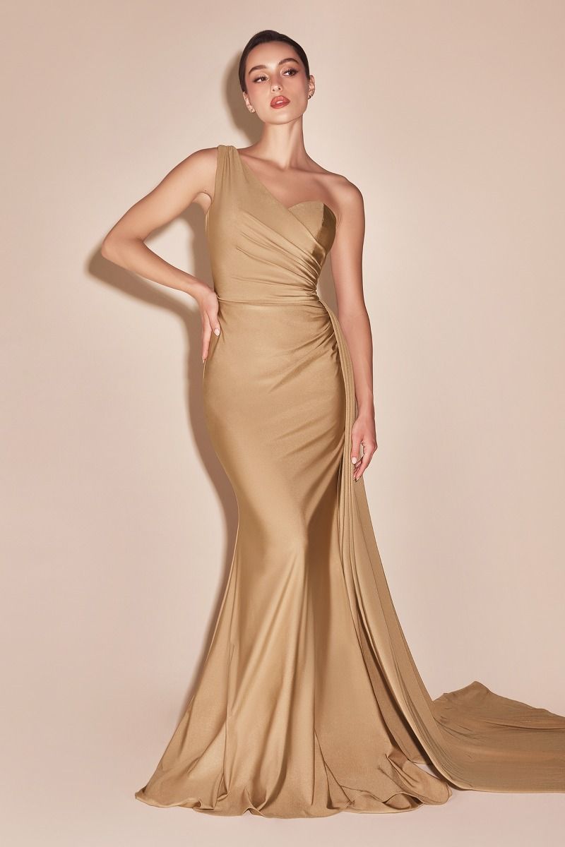 Satin One Shoulder Mermaid Gown by Cinderella Divine PT004 - Special Occasion