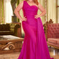 Fitted Stretch Satin One Shoulder Gown by Cinderella Divine PT004C - Curves