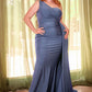 Fitted Stretch Satin One Shoulder Gown by Cinderella Divine PT004C - Curves