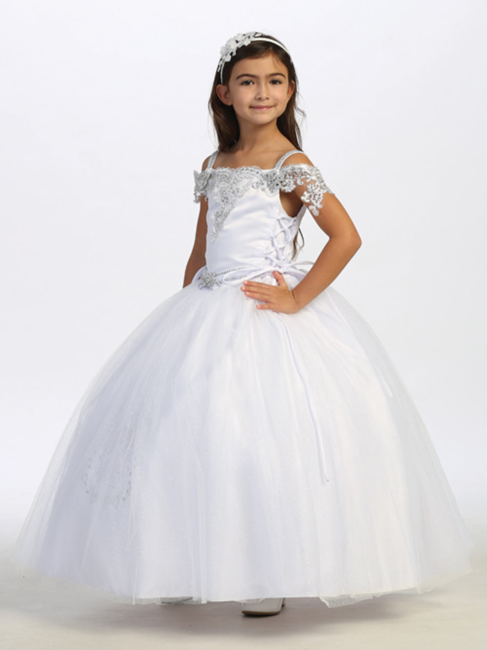 Flower Girl Off Shoulder Lace Applique Bodice Dress by TIPTOP KIDS - AS1192