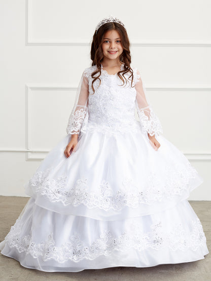 Flower Girl Dress with long Mesh Sleeves and Organza Overlay by TIPTOP KIDS - AS1201