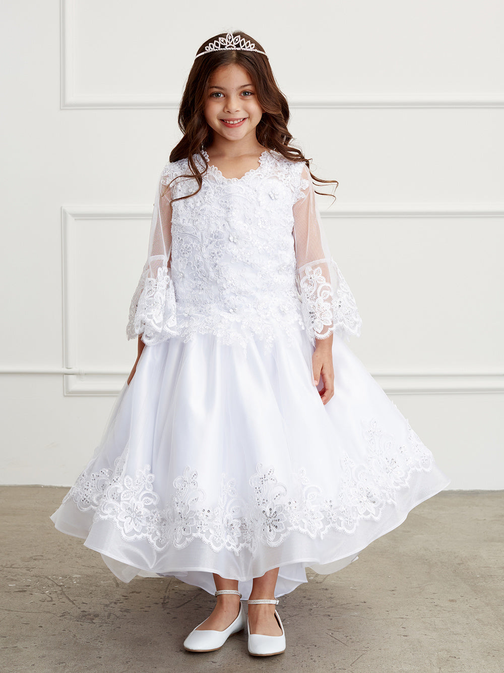 Flower Girl Dress with long Mesh Sleeves and Organza Overlay by TIPTOP KIDS - AS1201