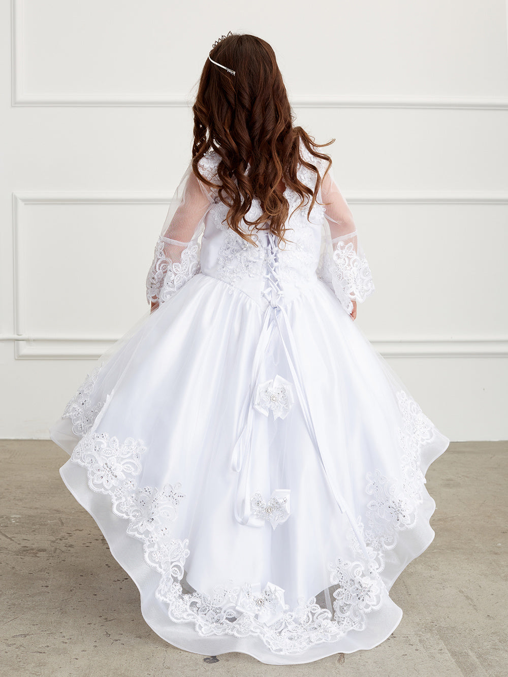 Flower Girl Dress with long Mesh Sleeves and Organza Overlay by TIPTOP KIDS - AS1201