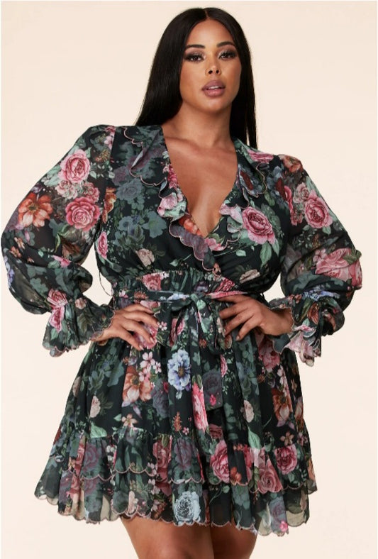 Long Sleeve Floral Print Mini Dress - Sales/Curves