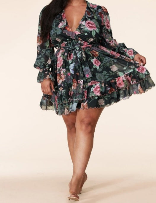 Long Sleeve Floral Print Mini Dress - Sales/Curves