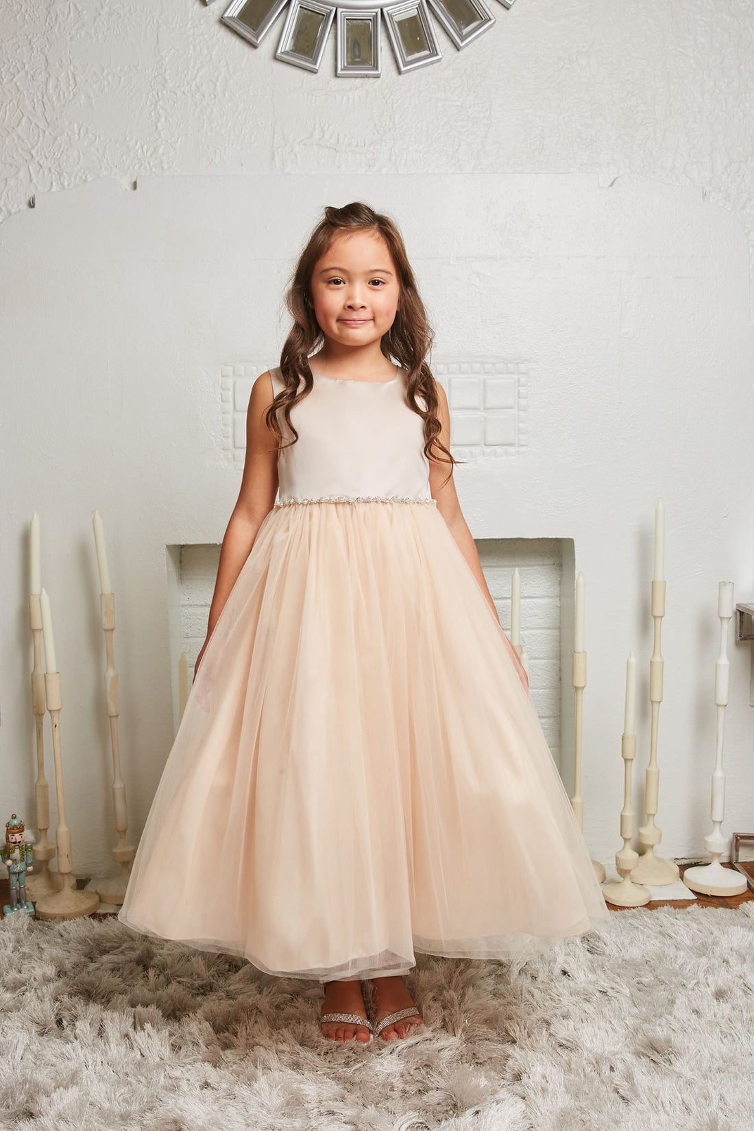 Satin Top with Wavy Rhinestone & Pearl Trim Girl Party Dress by AS538-G Kids Dream - Girl Formal Dresses