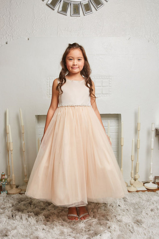 Satin Top with Wavy Rhinestone & Pearl Trim Girl Party Dress by AS538-G Kids Dream - Girl Formal Dresses