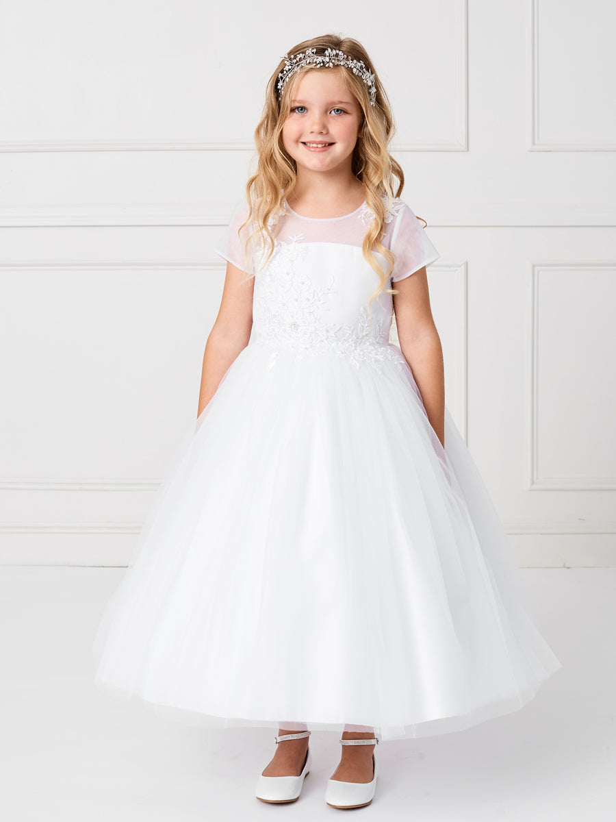 Flower Girl Mesh Cap Sleeved Illusion Neckline Dress by TIPTOP KIDS - AS5792X