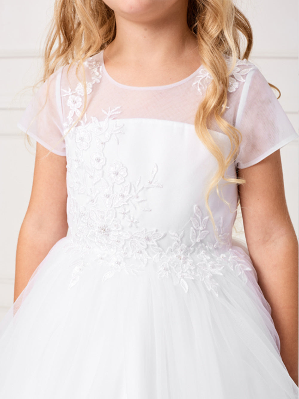 Flower Girl Mesh Cap Sleeved Illusion Neckline Dress by TIPTOP KIDS - AS5792X