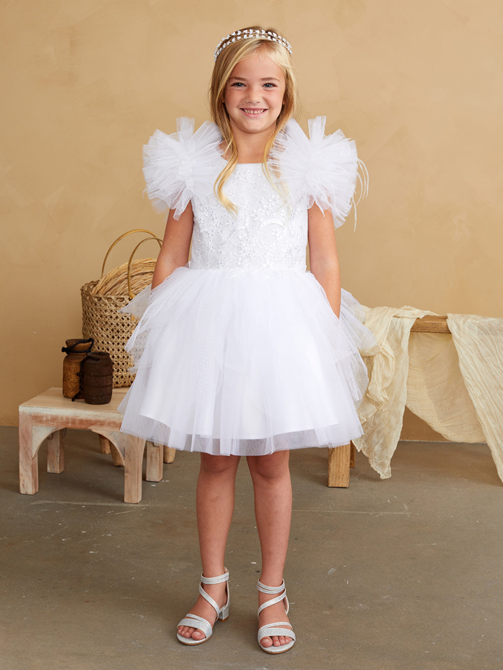 Girl Party Dress with Lace Applique and Fluffy Sleeves by TIPTOP KIDS - AS5848