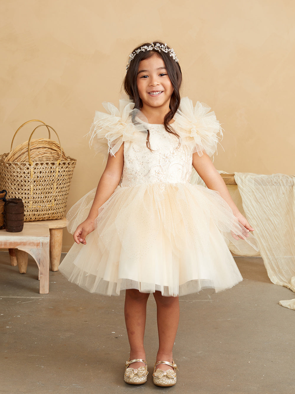 Girl Party Dress with Lace Applique and Fluffy Sleeves by TIPTOP KIDS - AS5848