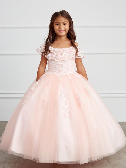 Girl Mini Quince Dress - Off Shoulder Lace Overlay with Mesh Skirt by TIPTOP KIDS - AS7033