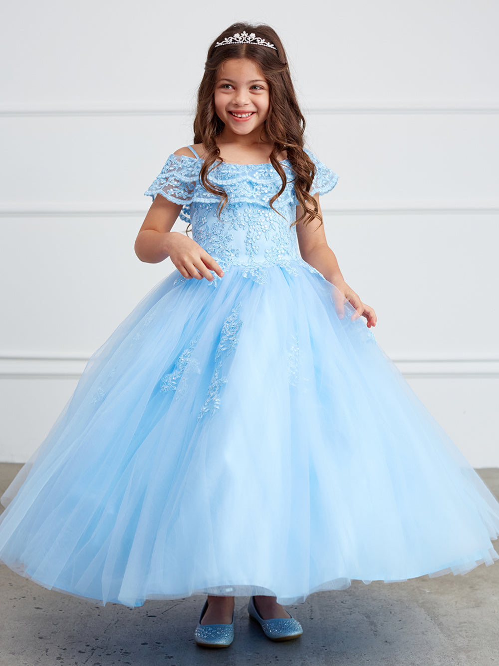 Girl Mini Quince Dress - Off Shoulder Lace Overlay with Mesh Skirt by TIPTOP KIDS - AS7033