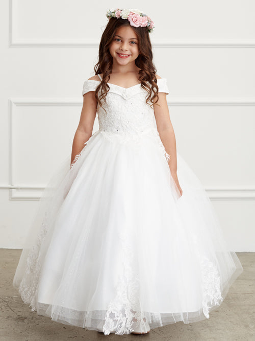 Off the Shoulder Ball Gown Mini Quince Girl Dress with Lace Applique by TIPTOP KIDS - AS7034