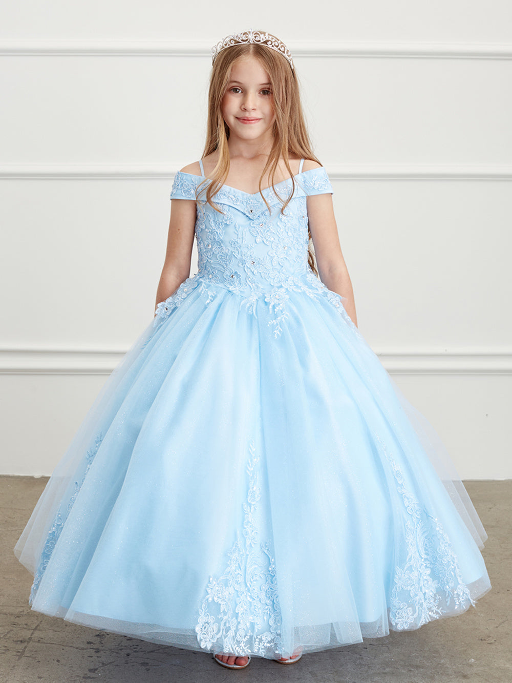 Off the Shoulder Ball Gown Mini Quince Girl Dress with Lace Applique by TIPTOP KIDS - AS7034