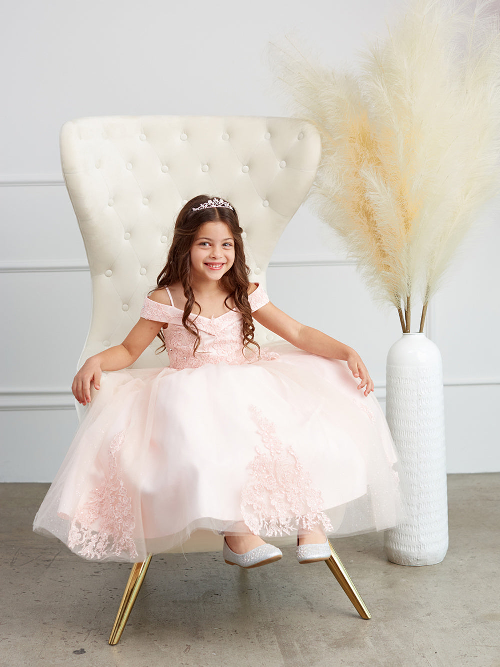 Off the Shoulder Ball Gown Mini Quince Girl Dress with Lace Applique by TIPTOP KIDS - AS7034