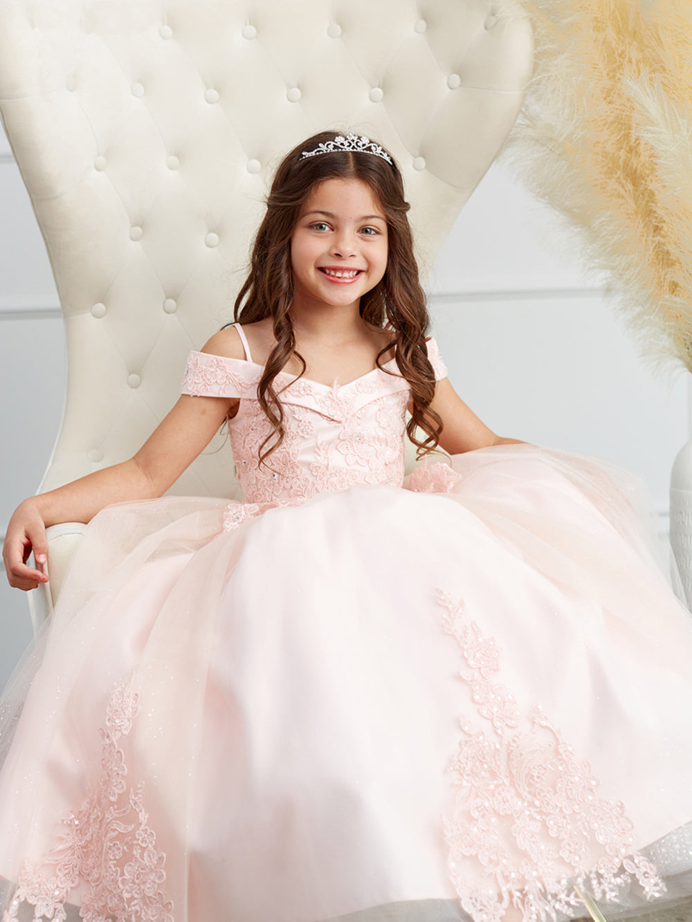 Off the Shoulder Ball Gown Mini Quince Girl Dress with Lace Applique by TIPTOP KIDS - AS7034