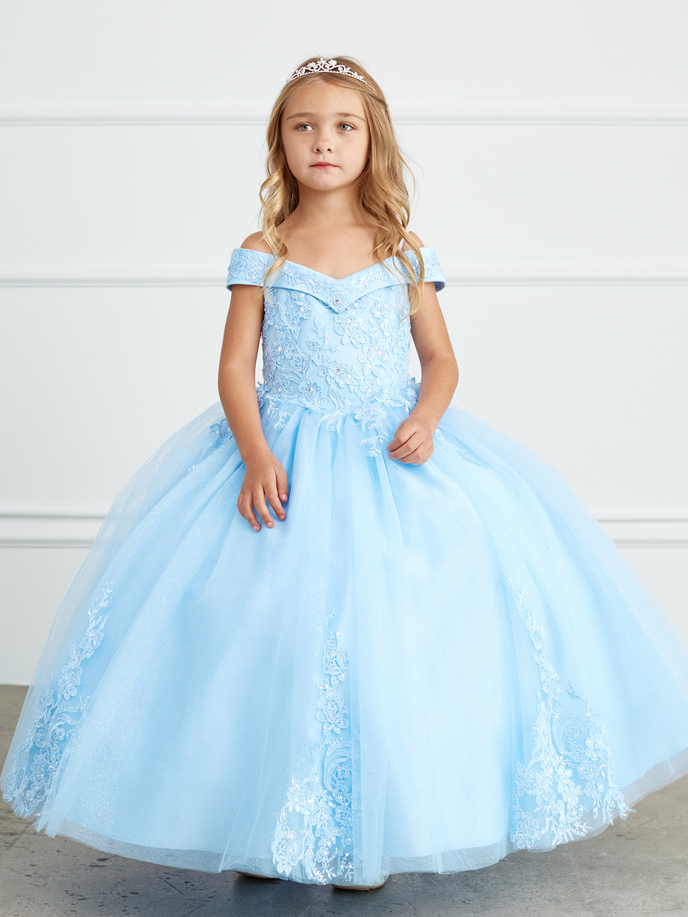 Off the Shoulder Ball Gown Mini Quince Girl Dress with Lace Applique by TIPTOP KIDS - AS7034