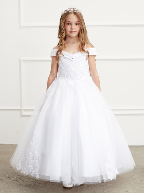 Off the Shoulder Ball Gown Mini Quince Girl Dress with Lace Applique by TIPTOP KIDS - AS7034