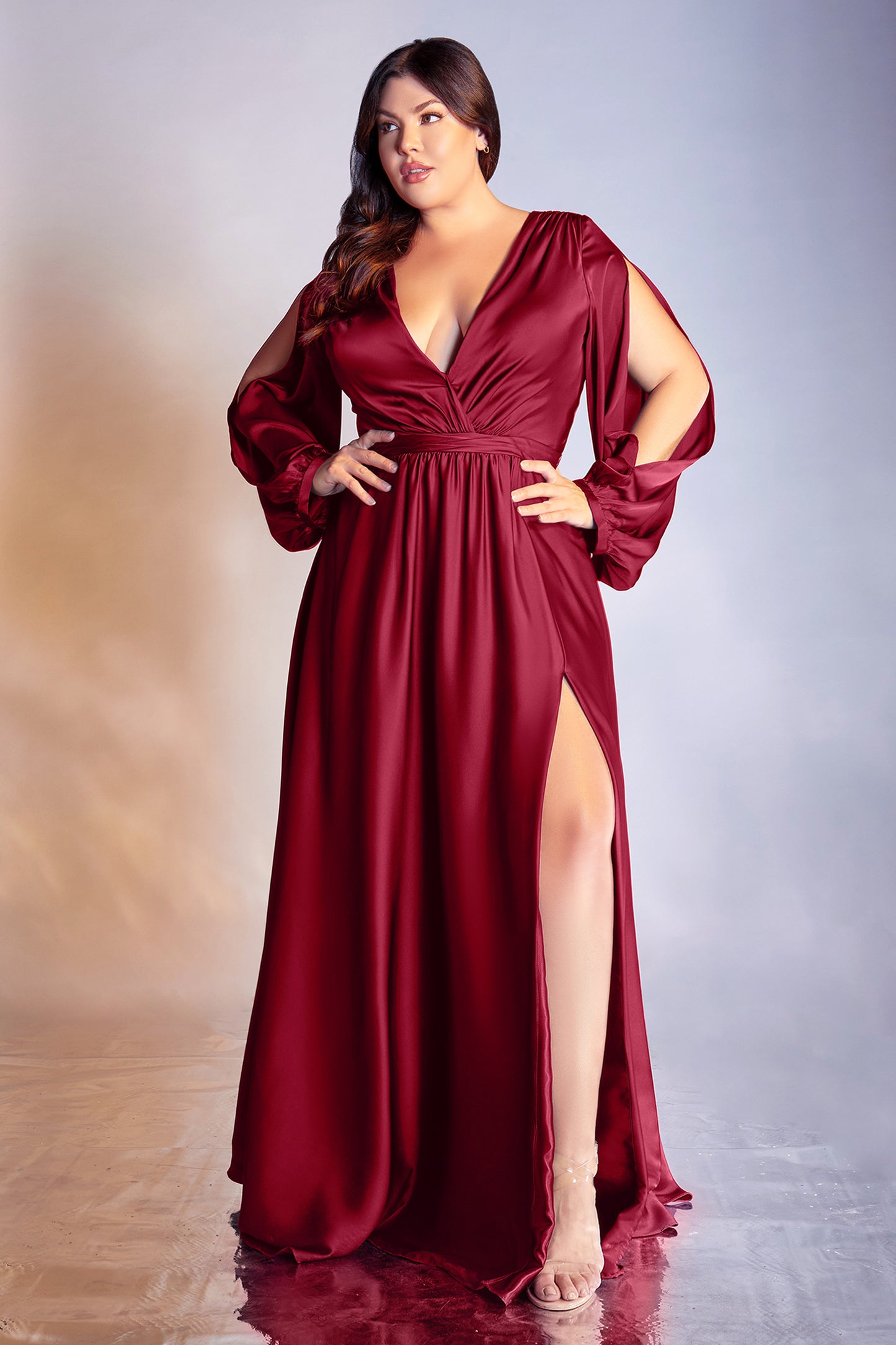 Long Sleeve Satin Slit Dress - Cinderella Divine - 7475C - Curves