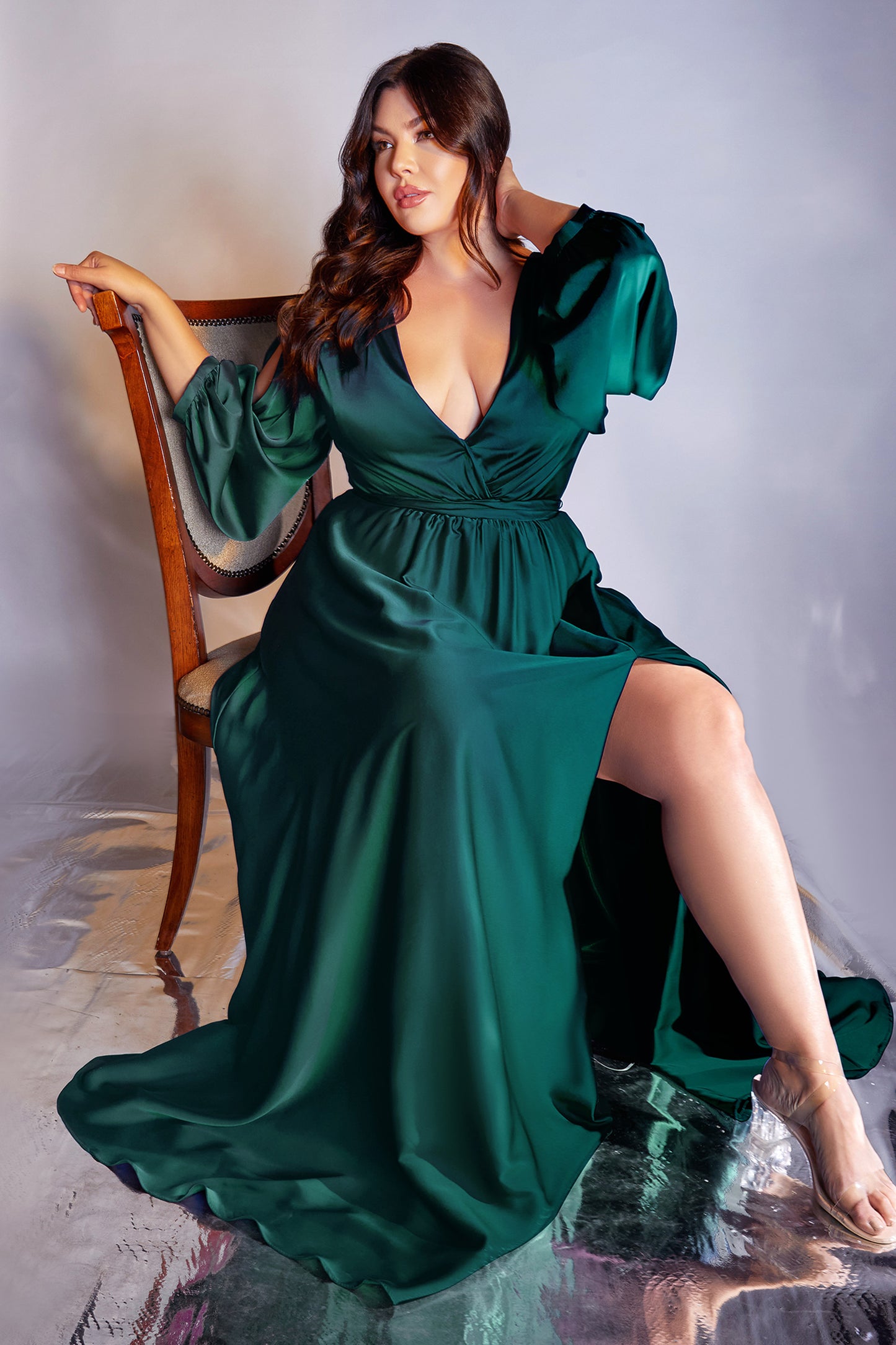 Long Sleeve Satin Slit Dress - Cinderella Divine - 7475C - Curves