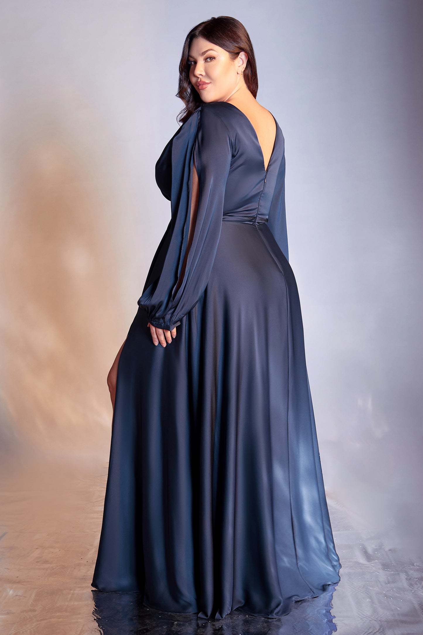 Long Sleeve Satin Slit Dress - Cinderella Divine - 7475C - Curves