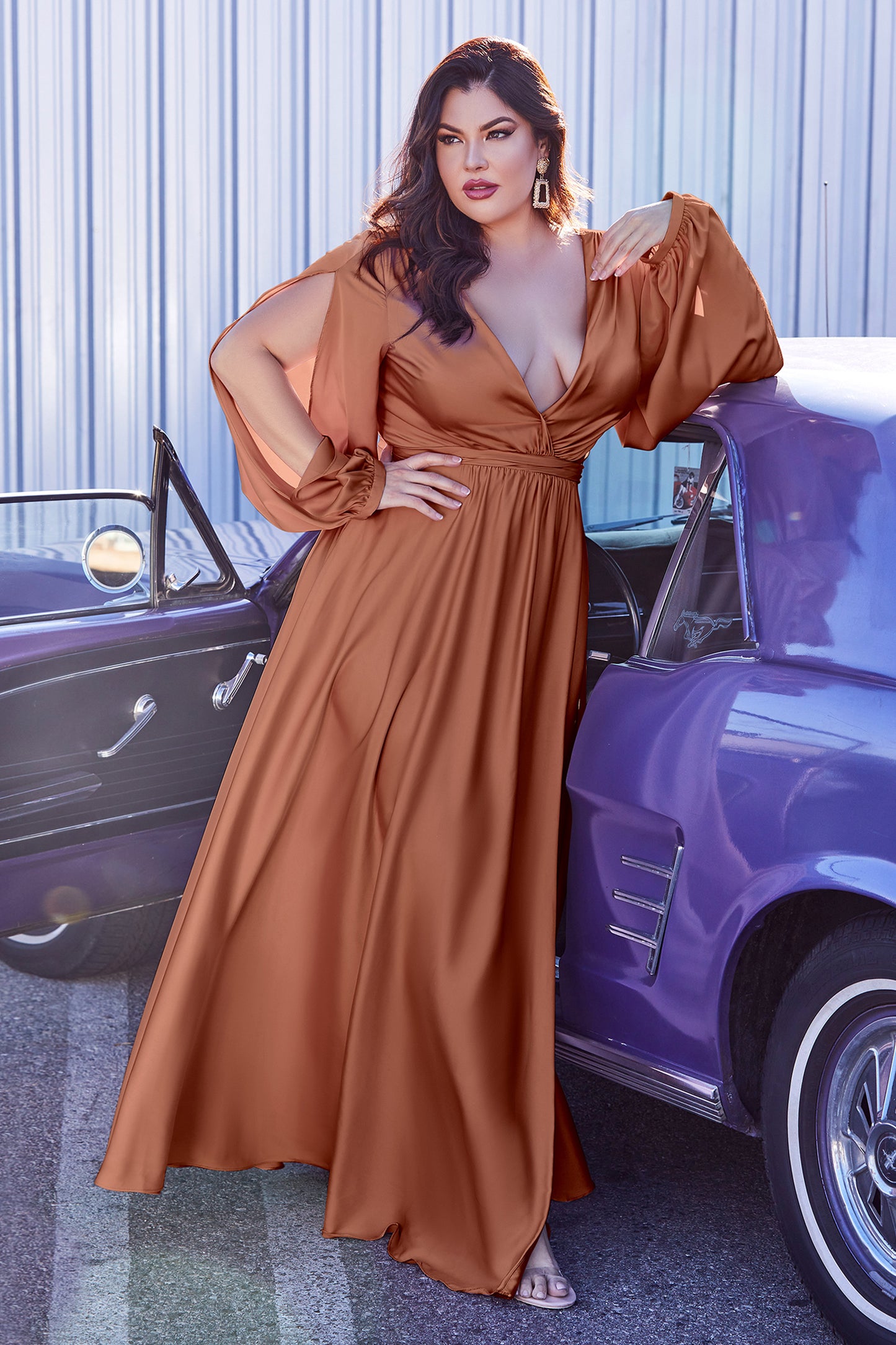 Long Sleeve Satin Slit Dress - Cinderella Divine - 7475C - Curves