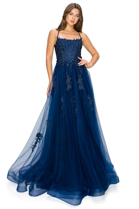 Navy Lace Applique Tulle A-Line Gown by Cinderella Couture USA AS8031J-NA Lace Tulle Gown - Special Occasion/Curves