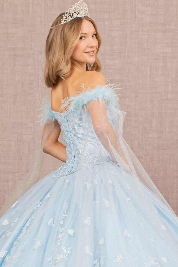 Baby Blue_2 Off the Shoulder Feather 3-D Flower Quinceanera Dress with Detachable Side Mesh Layer - GL3166