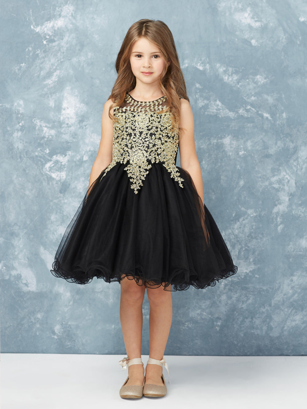 Black Girl Dress with Floral Applique Bodice - AS7013