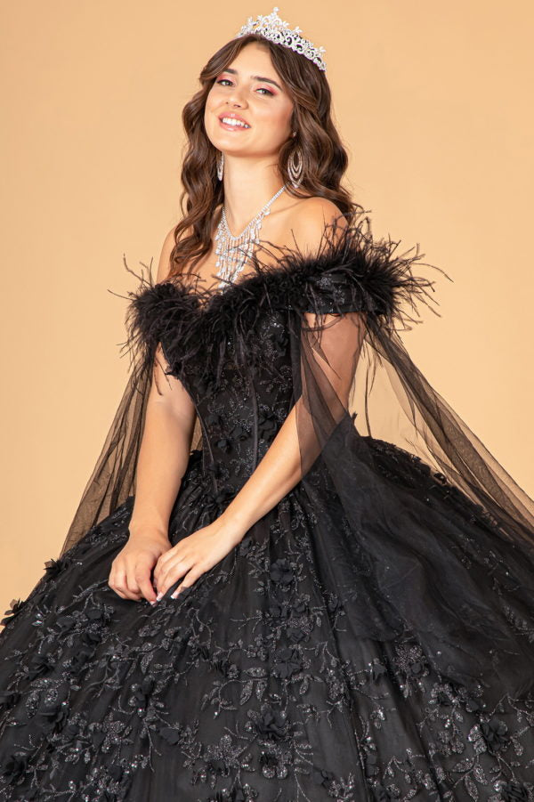 Black_2 GL3101 - Feather Embellishment Off-Shoulder Quinceanera Dress